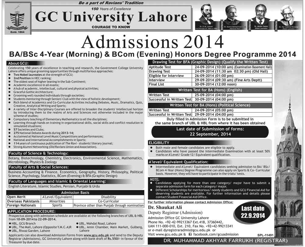 GCU Lahore Admissions 2014 Undergraduate BA/BSC(Hons),B.Com