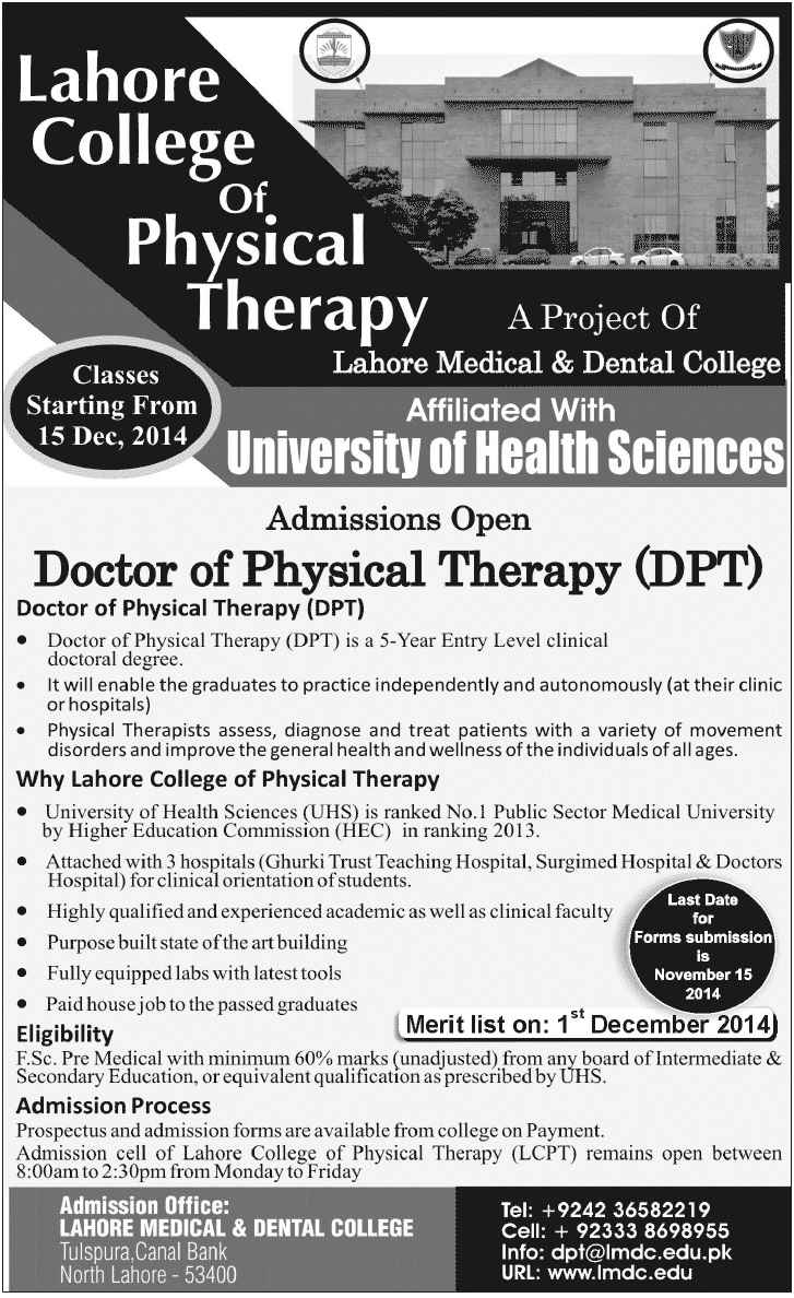 Lahore Doctor of Physiotherapy (DPT) Admission 2017