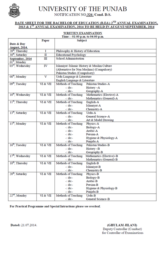 Punjab University Lahore B.Ed Exams Date Sheet 2014