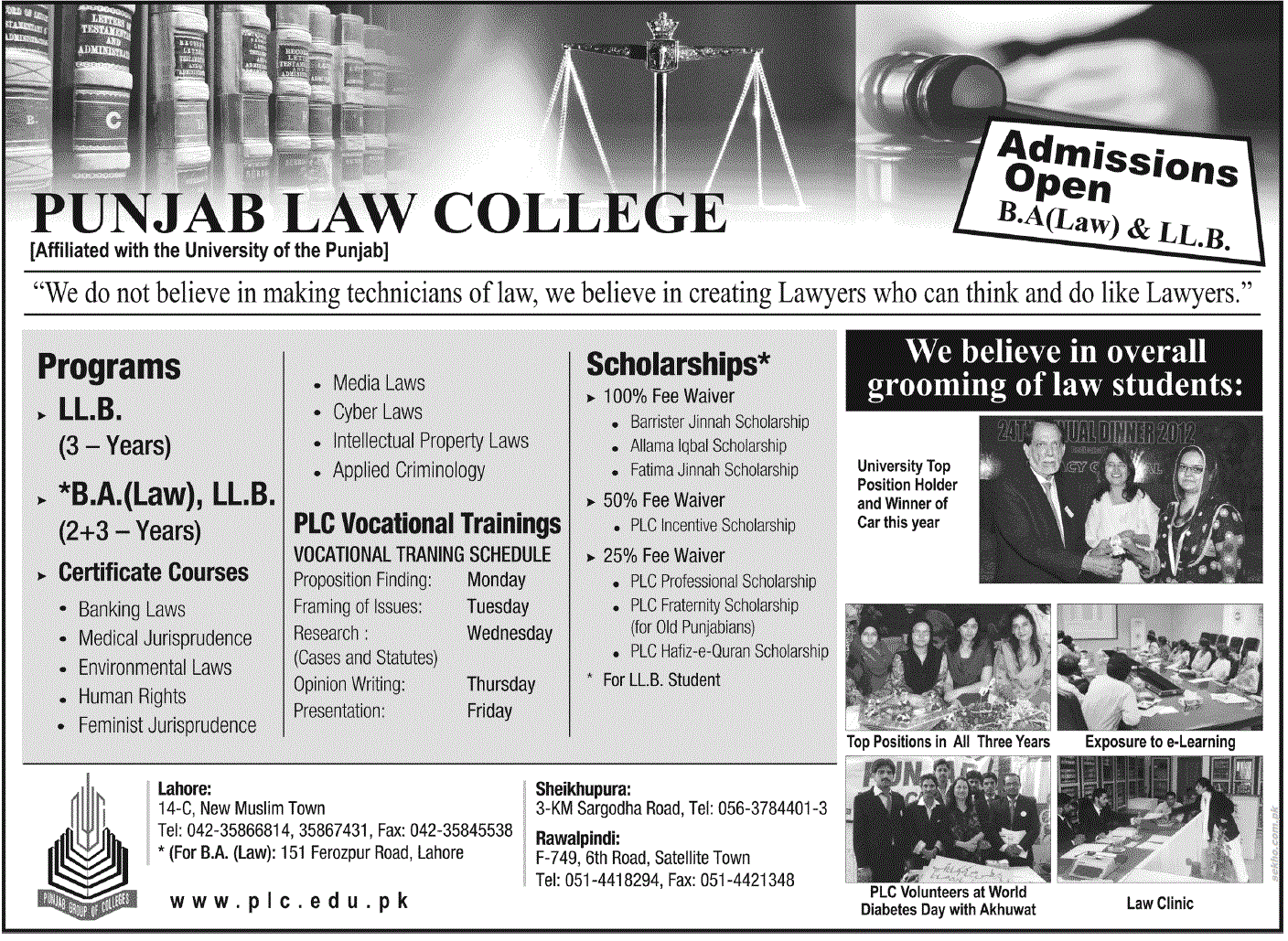 Punjab Law College Lahore LLB,BA(Law) Admissions 2012