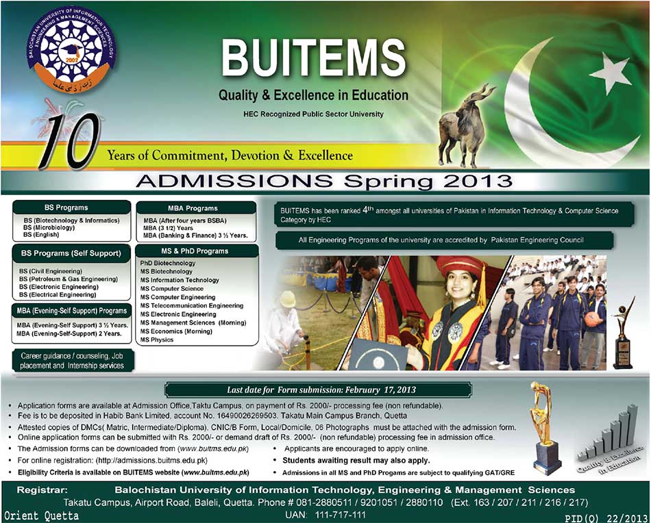 Balochistan University Of Information Technology Admissions Spring 2013