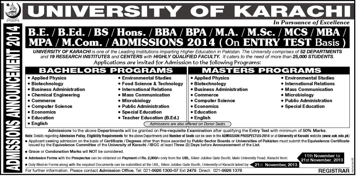 University of Karachi Admission 2015