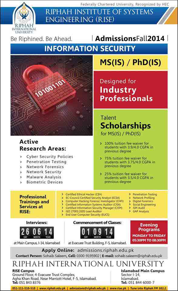 Riphah International University Islamabad MS, PhD Fall Admissions 2014