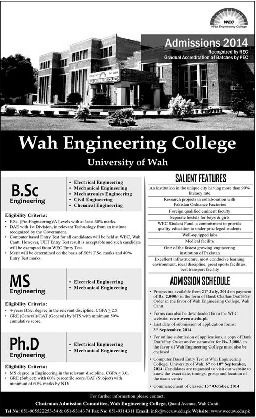 University of Wah BSc, MS Engineering Fall Admission 2024
