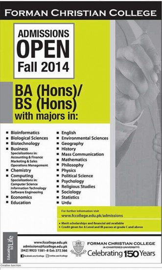 Forman Christian College Admissions 2014 BA/BSC 