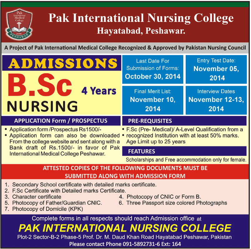 Pak International Nursing College Peshawar Admission 2014 Entry Test, Merit List