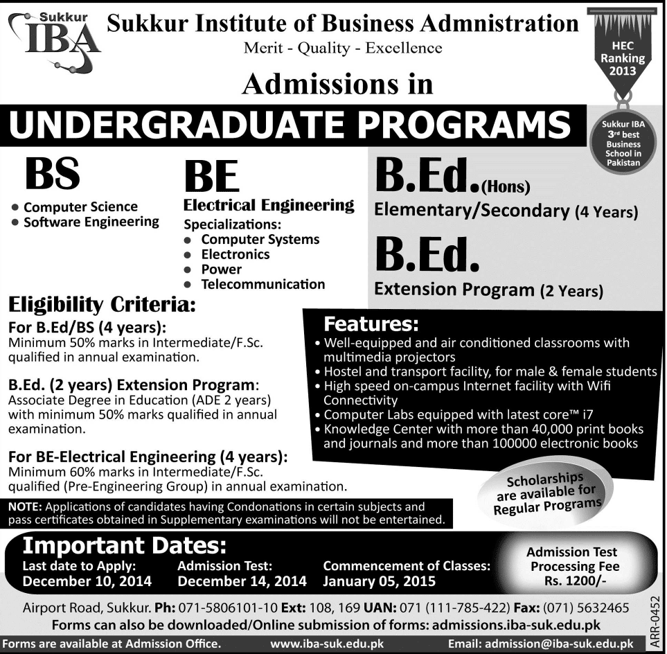IBA Sukkur Undergraduate Programs Admission 2015 BS, B.Ed Form, Last Date