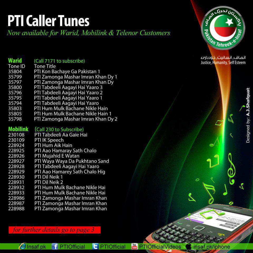 PTI Callers tunes for warid, Mobilink, Jazz, Ufone, Telenor