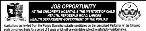 The Children's Hospital Institute Child Health Lahore Jobs 2015 Form, Last Date