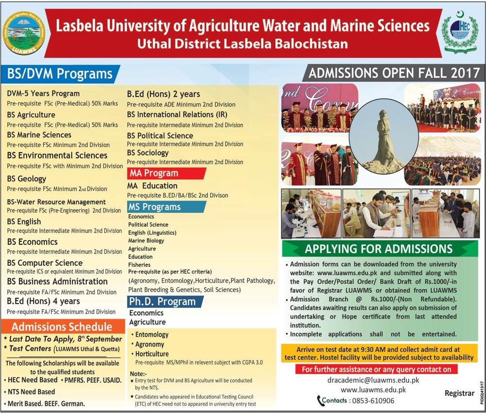 Lasbela University Of Agriculture Admission 2017 Form, Last Date
